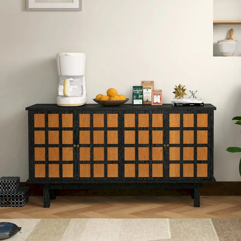 Black Amber Grid Panel TV Stand Sideboard 4-Door Adjustable Shelves Cable Management Fits 65 Inch