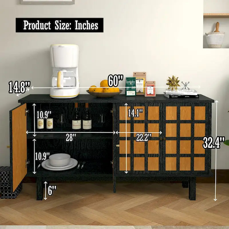 Black Amber Grid Panel TV Stand Sideboard 4-Door Adjustable Shelves Cable Management Fits 65 Inch