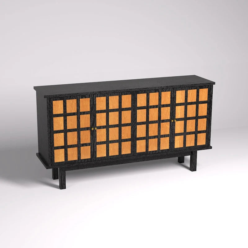 Black Amber Grid Panel TV Stand Sideboard 4-Door Adjustable Shelves Cable Management Fits 65 Inch