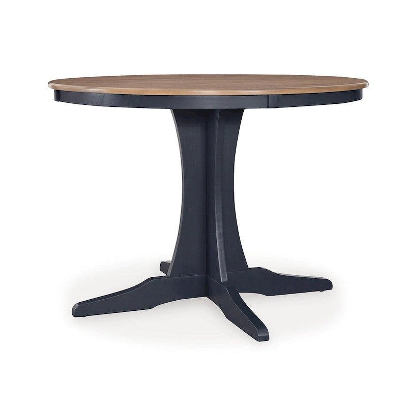 Round Brown Wood Top Dining Table Dark Blue Pedestal Base Seats 4