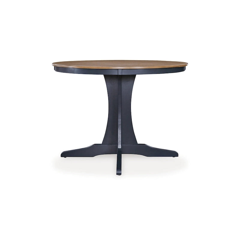 Round Brown Wood Top Dining Table Dark Blue Pedestal Base Seats 4