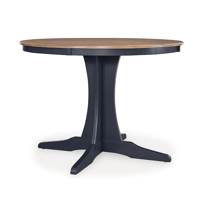 Round Brown Wood Top Dining Table Dark Blue Pedestal Base Seats 4