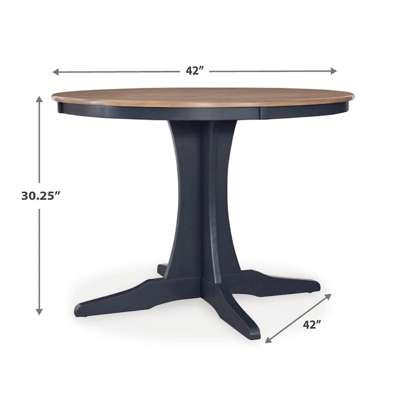 Round Brown Wood Top Dining Table Dark Blue Pedestal Base Seats 4