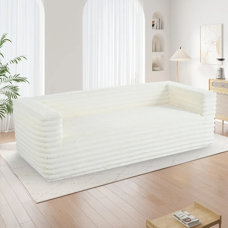 Beige Horizontal-Quilted Low-Profile 3-Seat Platform Sofa No Assembly Required 89 Inch