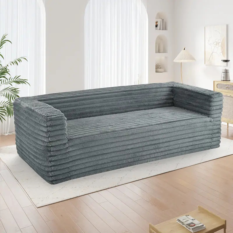 Beige Horizontal-Quilted Low-Profile 3-Seat Platform Sofa No Assembly Required 89 Inch