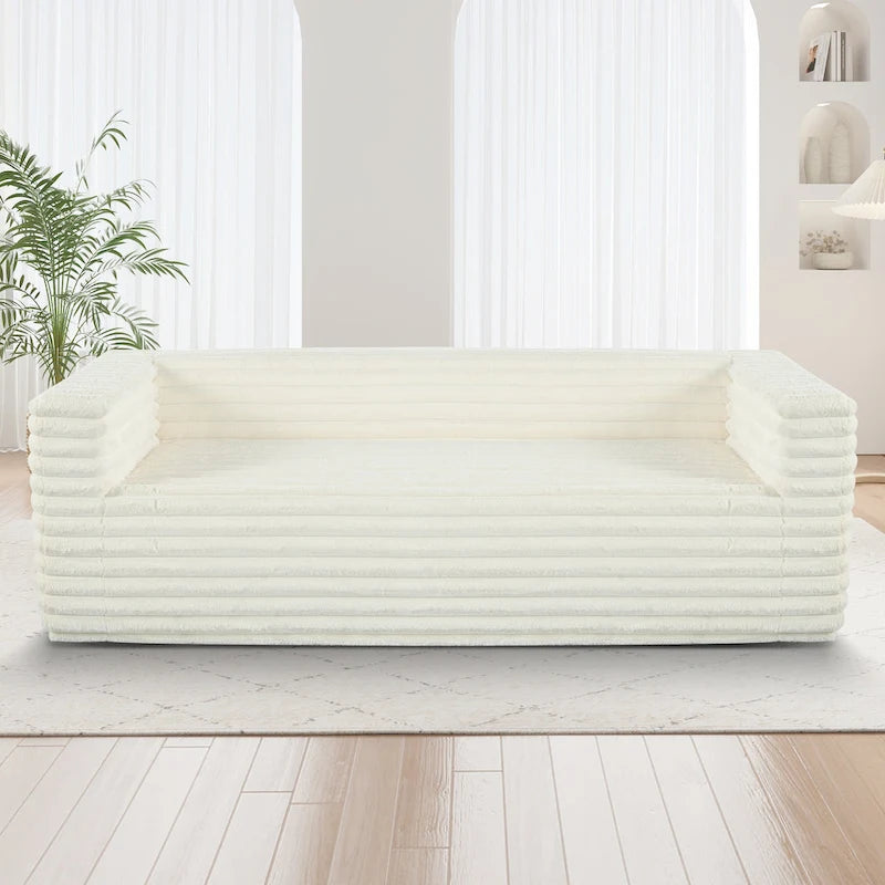 Beige laagprofielbank voor 3 personen met horizontaal gewatteerde bekleding, geen montage vereist, 89 inch