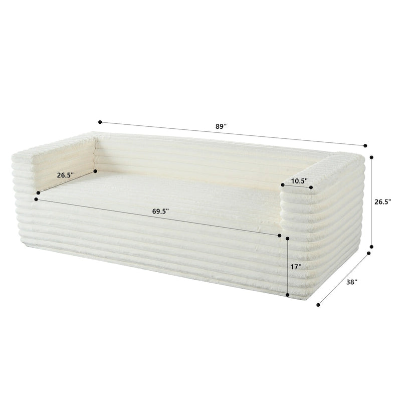 Beige laagprofielbank voor 3 personen met horizontaal gewatteerde bekleding, geen montage vereist, 89 inch