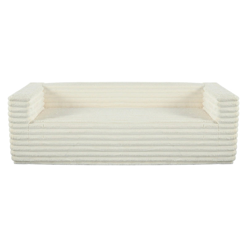 Beige laagprofielbank voor 3 personen met horizontaal gewatteerde bekleding, geen montage vereist, 89 inch
