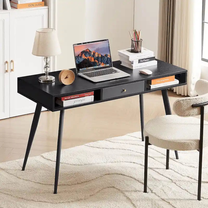 Walnut Mid-Century Modern Home Office Desk USB Power Outlet Drawer Shelves