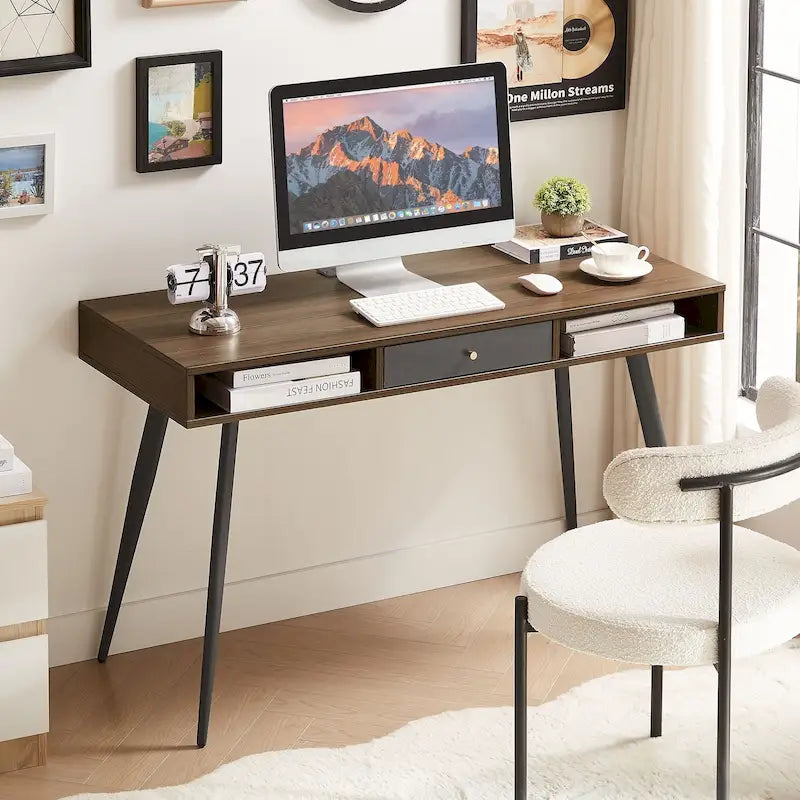 Walnut Mid-Century Modern Home Office Desk USB Power Outlet Drawer Shelves