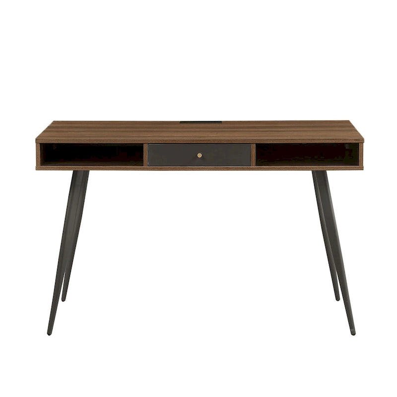 Walnut Mid-Century Modern Home Office Desk USB Power Outlet Drawer Shelves
