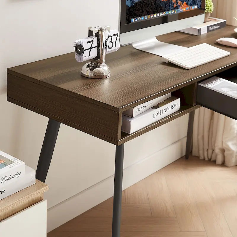 Walnut Mid-Century Modern Home Office Desk USB Power Outlet Drawer Shelves