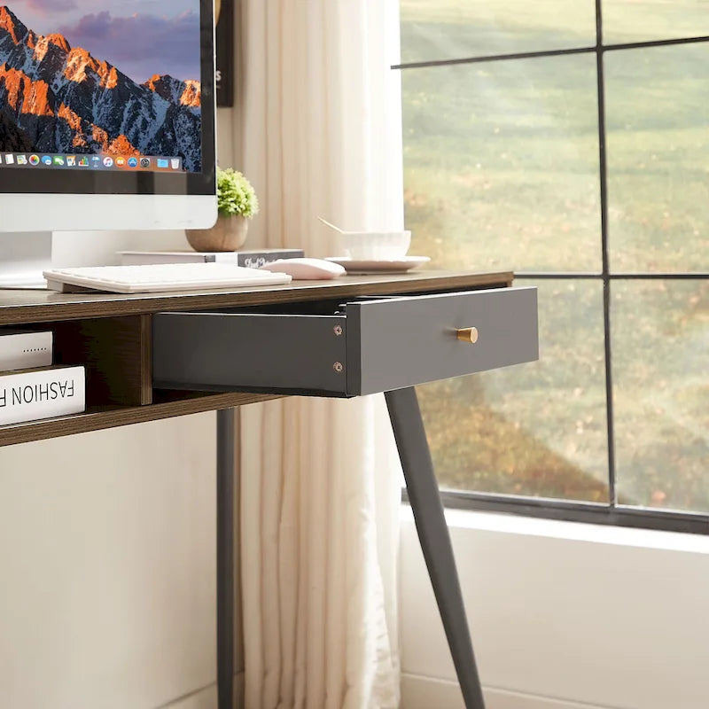 Walnut Mid-Century Modern Home Office Desk USB Power Outlet Drawer Shelves