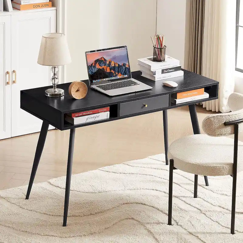 Walnut Mid-Century Modern Home Office Desk USB Power Outlet Drawer Shelves