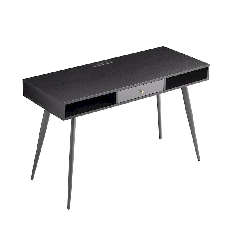 Walnut Mid-Century Modern Home Office Desk USB Power Outlet Drawer Shelves