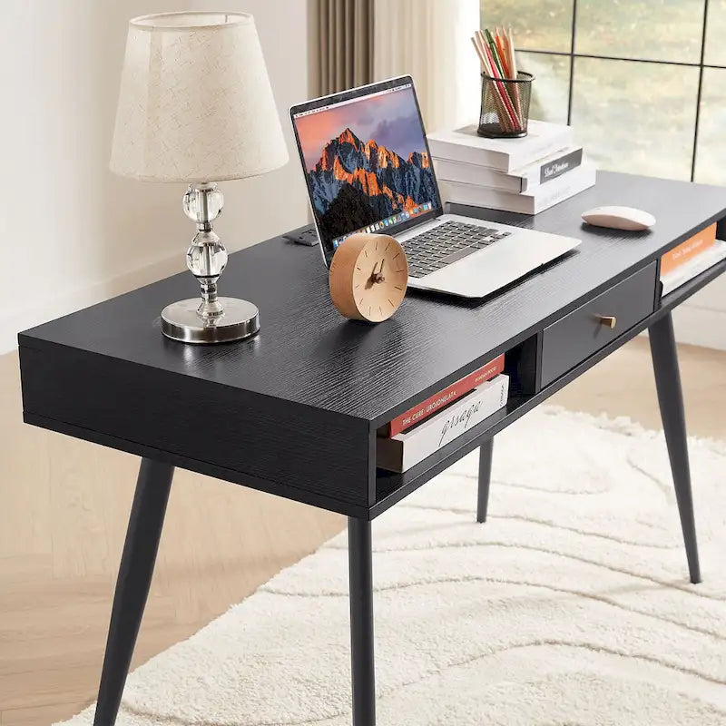 Walnut Mid-Century Modern Home Office Desk USB Power Outlet Drawer Shelves