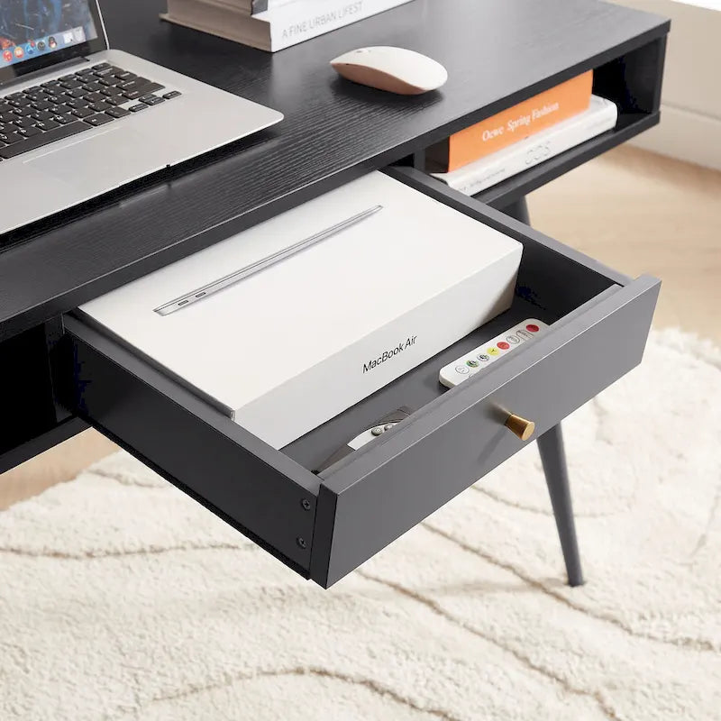 Walnut Mid-Century Modern Home Office Desk USB Power Outlet Drawer Shelves