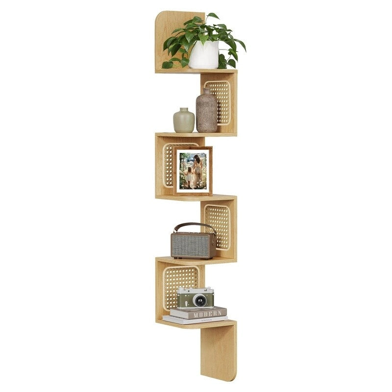 5-Tier Zigzag Corner Wall Shelf Rattan Sides Boho Floating Display