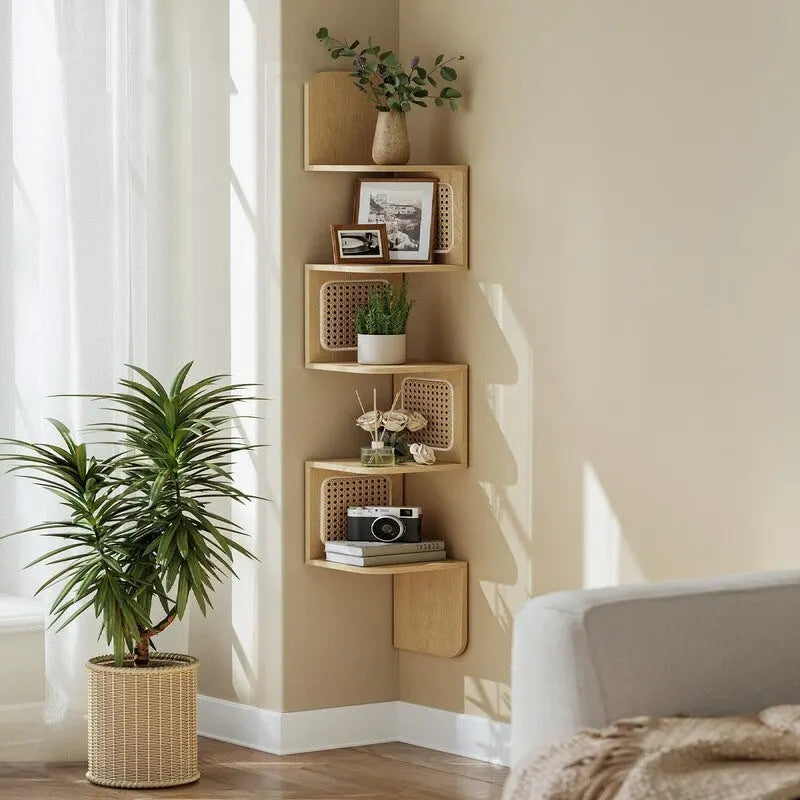 5-Tier Zigzag Corner Wall Shelf Rattan Sides Boho Floating Display