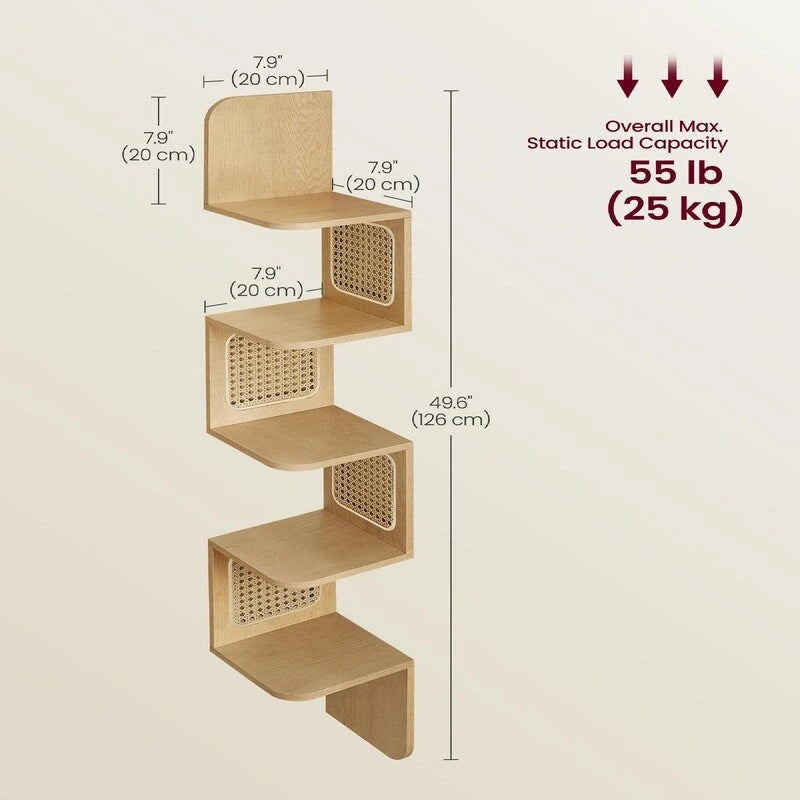 5-Tier Zigzag Corner Wall Shelf Rattan Sides Boho Floating Display