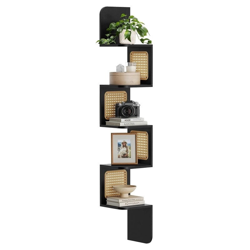 5-Tier Zigzag Corner Wall Shelf Rattan Sides Boho Floating Display