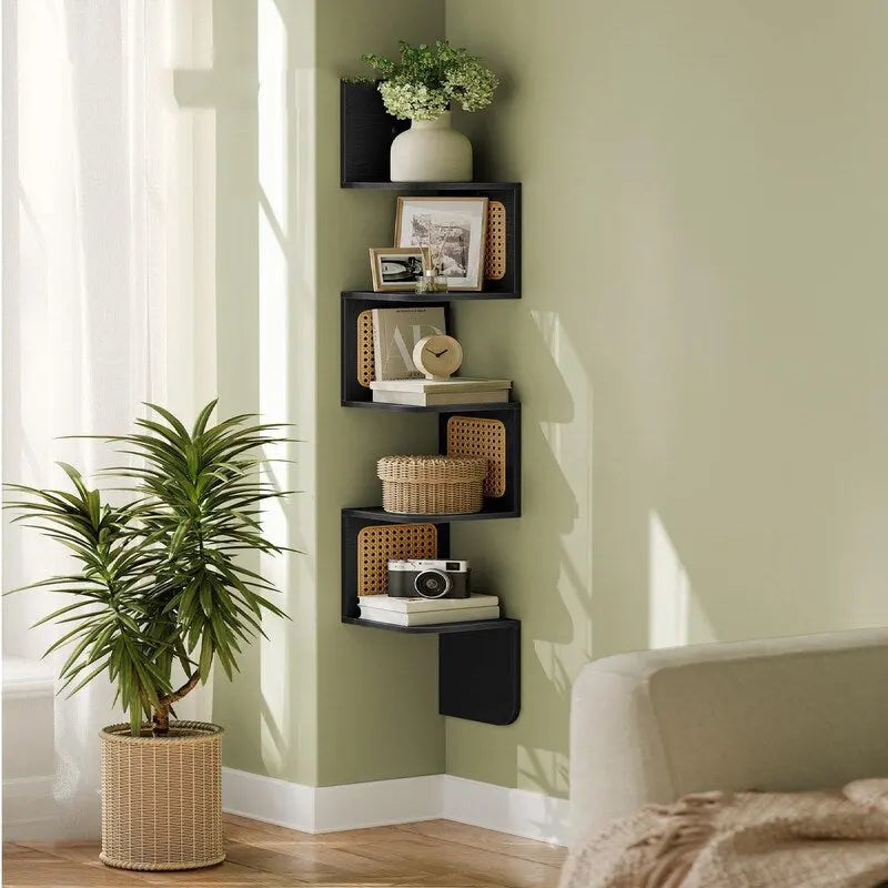 5-Tier Zigzag Corner Wall Shelf Rattan Sides Boho Floating Display
