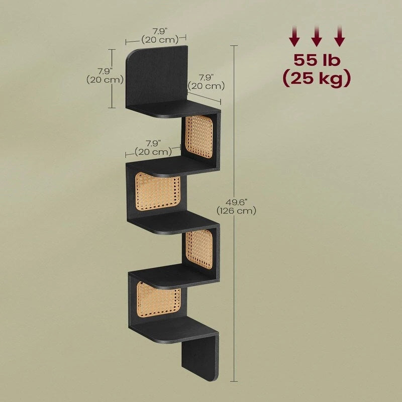 5-Tier Zigzag Corner Wall Shelf Rattan Sides Boho Floating Display