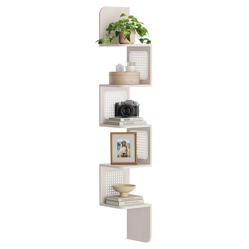 5-Tier Zigzag Corner Wall Shelf Rattan Sides Boho Floating Display