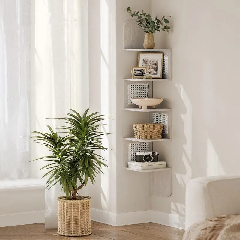 5-Tier Zigzag Corner Wall Shelf Rattan Sides Boho Floating Display