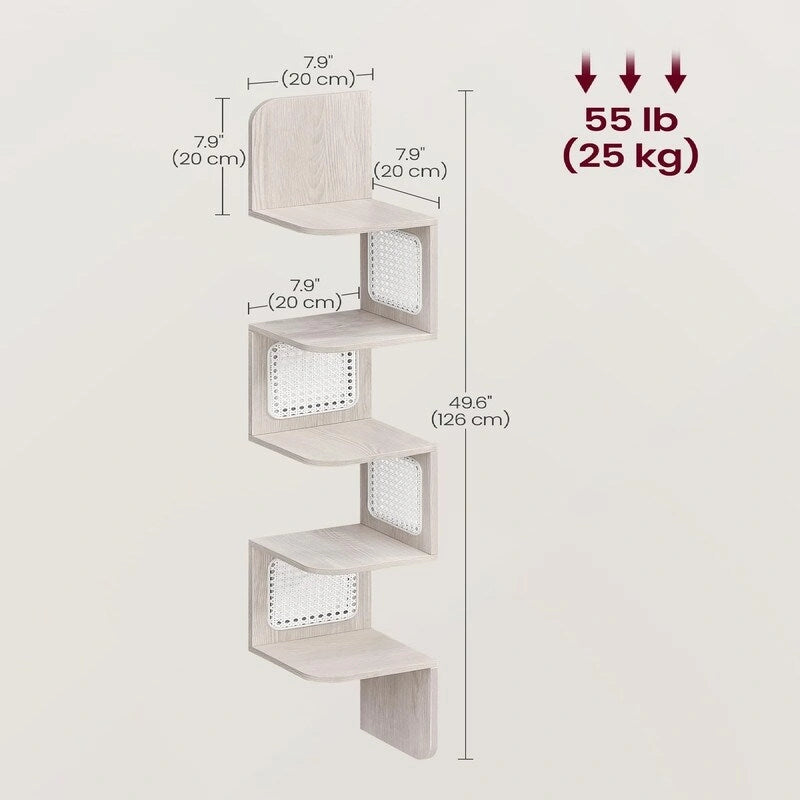 5-Tier Zigzag Corner Wall Shelf Rattan Sides Boho Floating Display