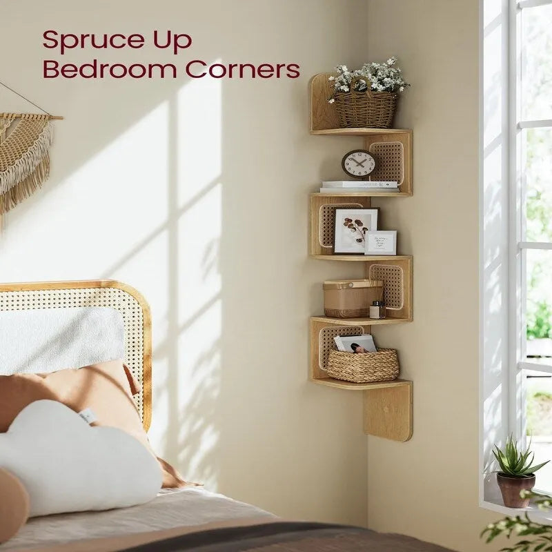 5-Tier Zigzag Corner Wall Shelf Rattan Sides Boho Floating Display