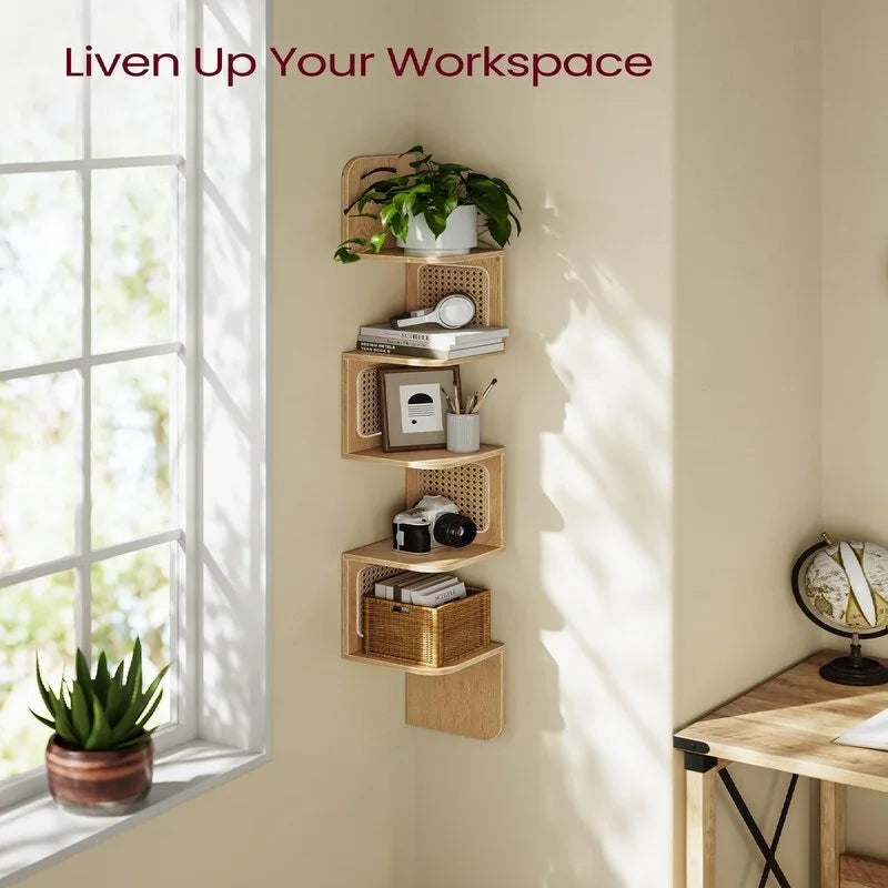 5-Tier Zigzag Corner Wall Shelf Rattan Sides Boho Floating Display