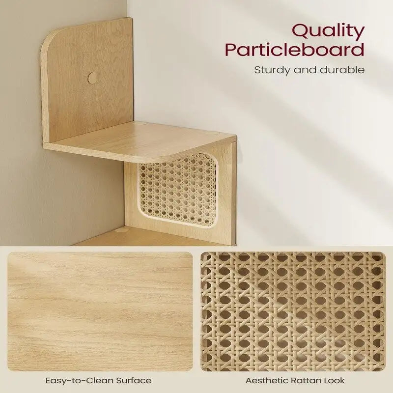 5-Tier Zigzag Corner Wall Shelf Rattan Sides Boho Floating Display