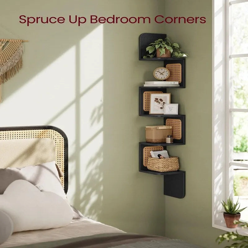 5-Tier Zigzag Corner Wall Shelf Rattan Sides Boho Floating Display