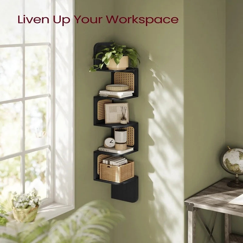 5-Tier Zigzag Corner Wall Shelf Rattan Sides Boho Floating Display