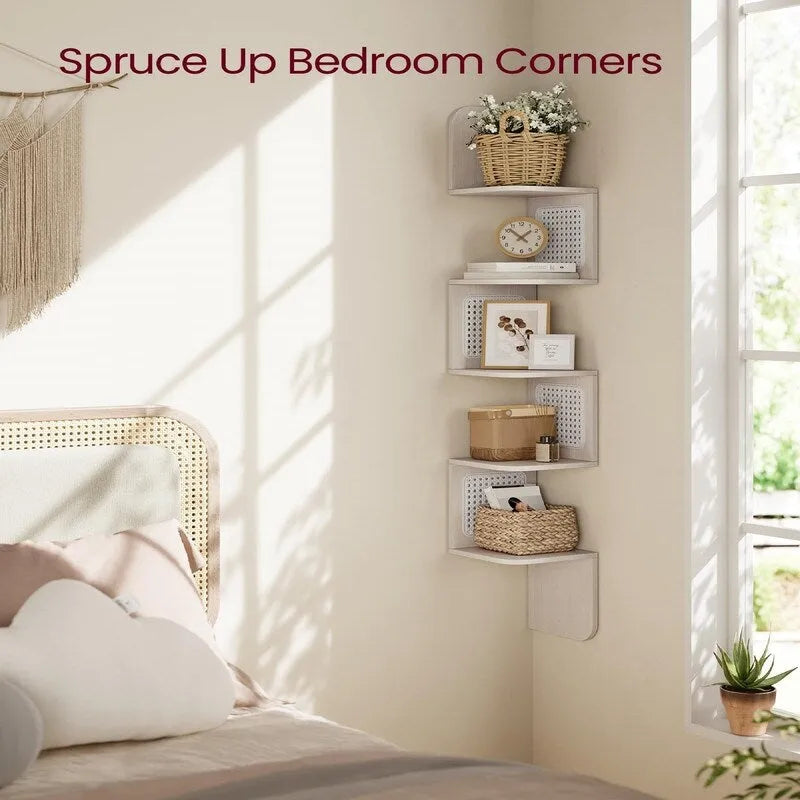 5-Tier Zigzag Corner Wall Shelf Rattan Sides Boho Floating Display