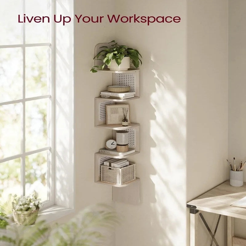 5-Tier Zigzag Corner Wall Shelf Rattan Sides Boho Floating Display