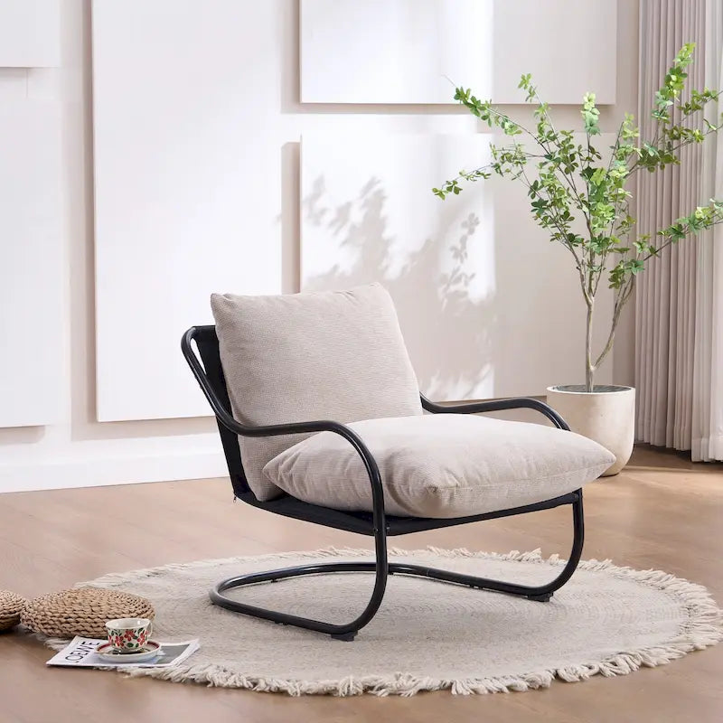 Beige Linen Cantilever Accent Lounge Chair Black C-Frame Metal Seat Cushion Back Pillow