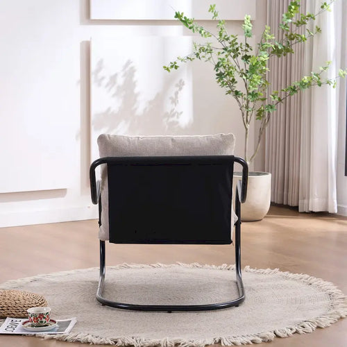Beige Linen Cantilever Accent Lounge Chair Black C-Frame Metal Seat Cushion Back Pillow