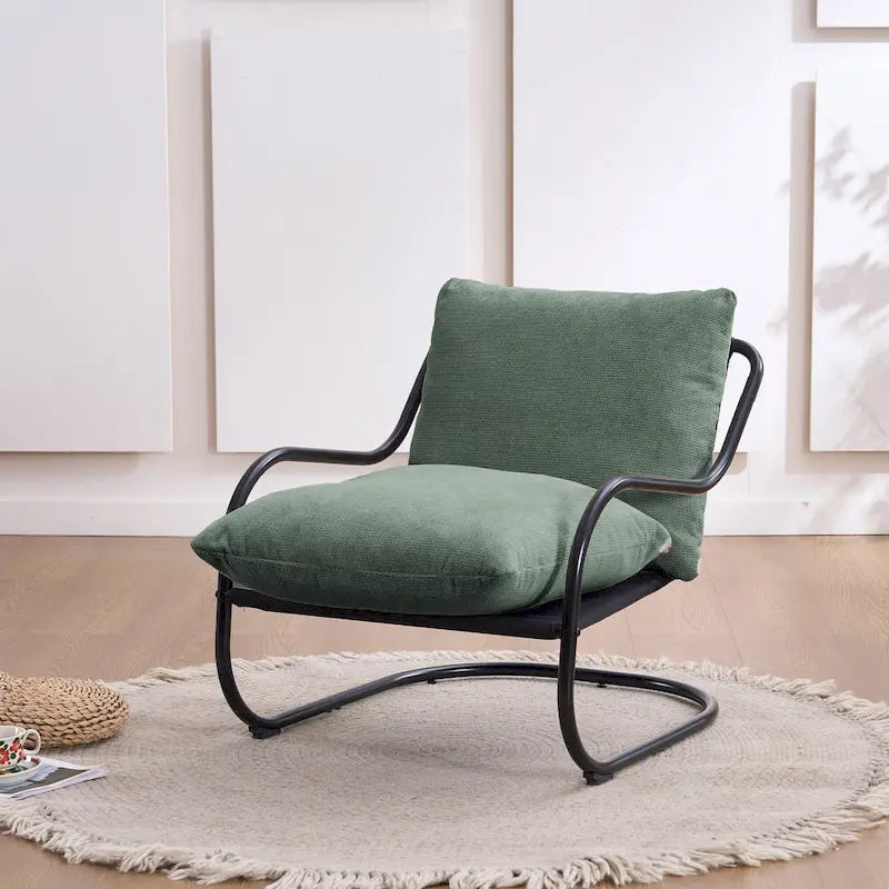 Beiger Leinen-Loungesessel mit freitragendem schwarzem C-Gestell aus Metall, Sitzkissen und Rückenkissen