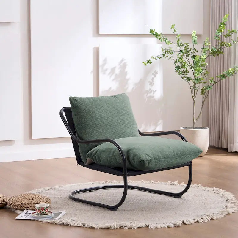 Beiger Leinen-Loungesessel mit freitragendem schwarzem C-Gestell aus Metall, Sitzkissen und Rückenkissen