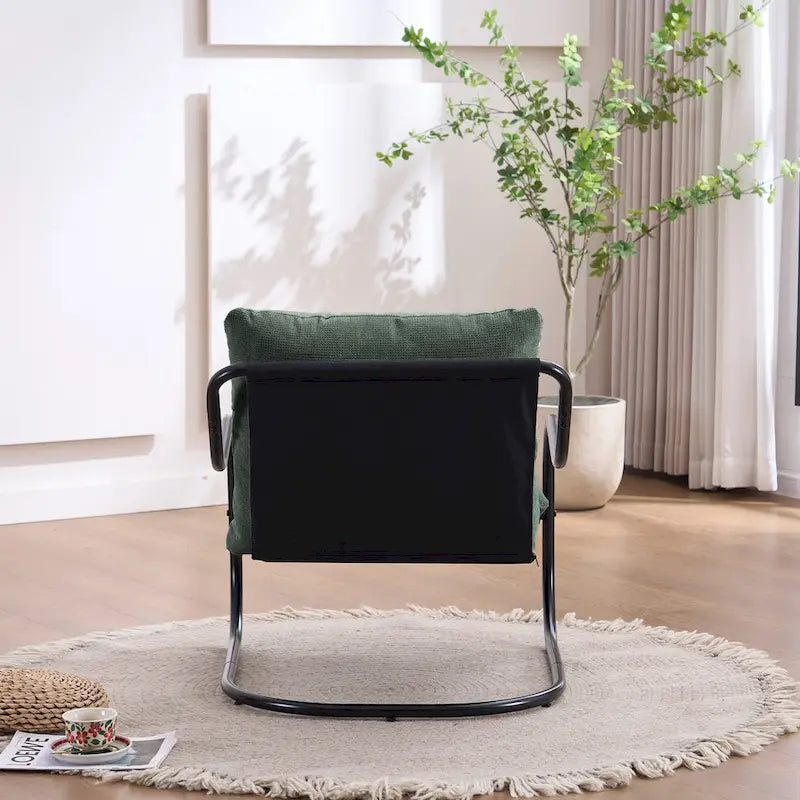 Beiger Leinen-Loungesessel mit freitragendem schwarzem C-Gestell aus Metall, Sitzkissen und Rückenkissen