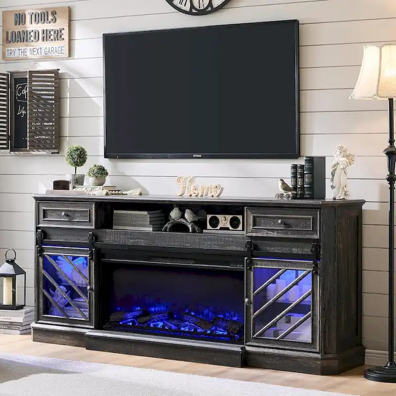 Antique White Farmhouse TV Stand with Electric Fireplace Barn Doors Fits 85 Inch