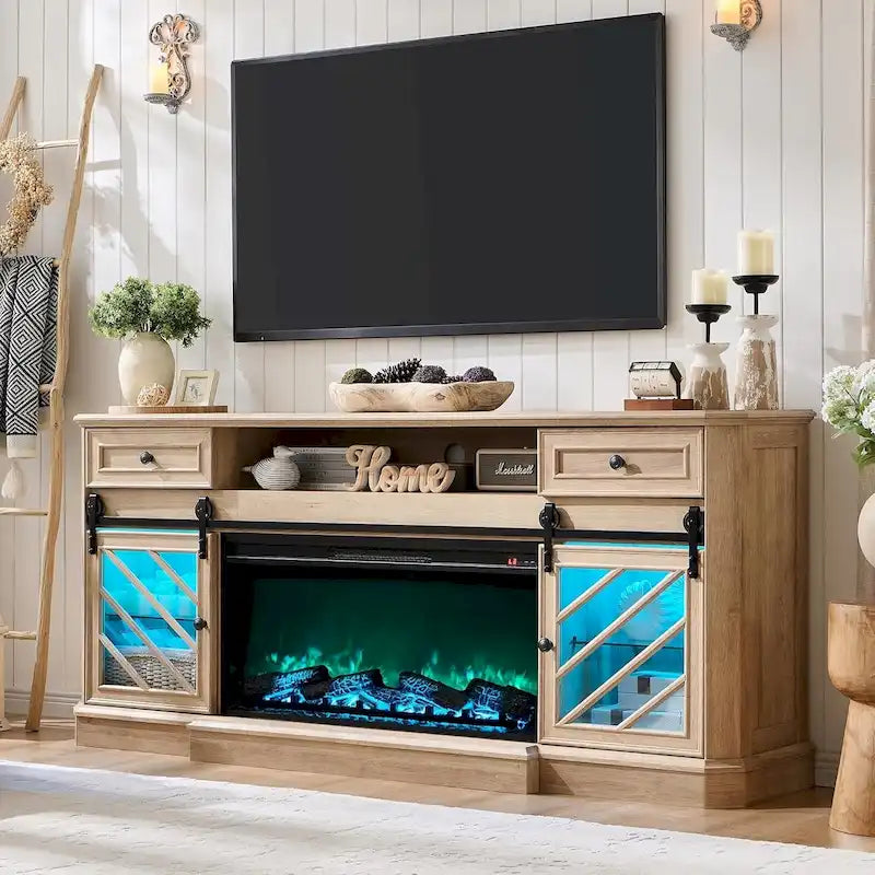 Antique White Farmhouse TV Stand with Electric Fireplace Barn Doors Fits 85 Inch