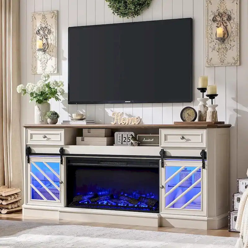 Antique White Farmhouse TV Stand with Electric Fireplace Barn Doors Fits 85 Inch