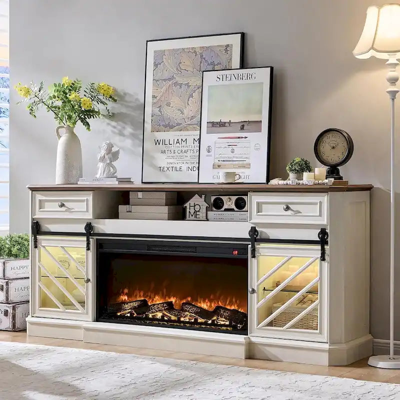 Antique White Farmhouse TV Stand with Electric Fireplace Barn Doors Fits 85 Inch