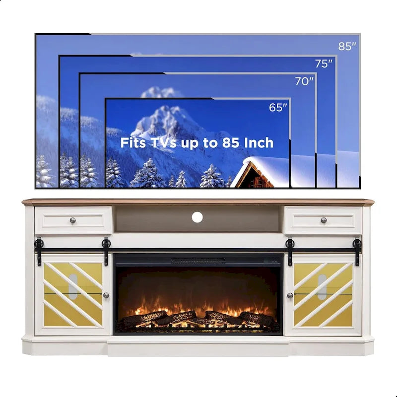 Antique White Farmhouse TV Stand with Electric Fireplace Barn Doors Fits 85 Inch