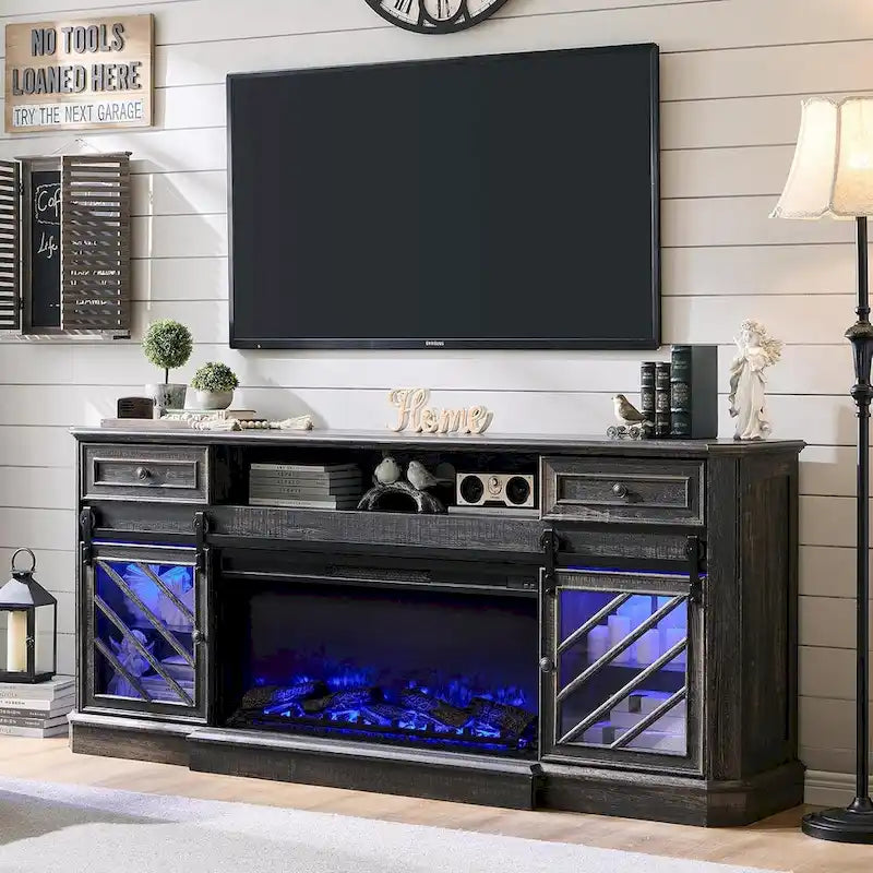 Antique White Farmhouse TV Stand with Electric Fireplace Barn Doors Fits 85 Inch