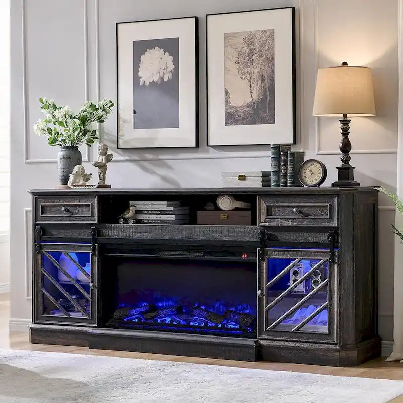Antique White Farmhouse TV Stand with Electric Fireplace Barn Doors Fits 85 Inch