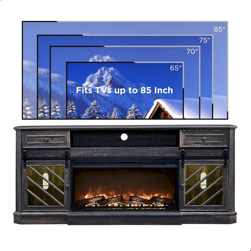 Antique White Farmhouse TV Stand with Electric Fireplace Barn Doors Fits 85 Inch